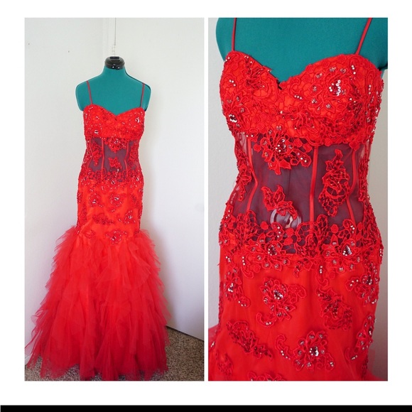 JASZ COUTURE HOT SEXY RED LACE MERMAID SATIN TULLE FORMAL DRESS SIZE 12 - Picture 7 of 8